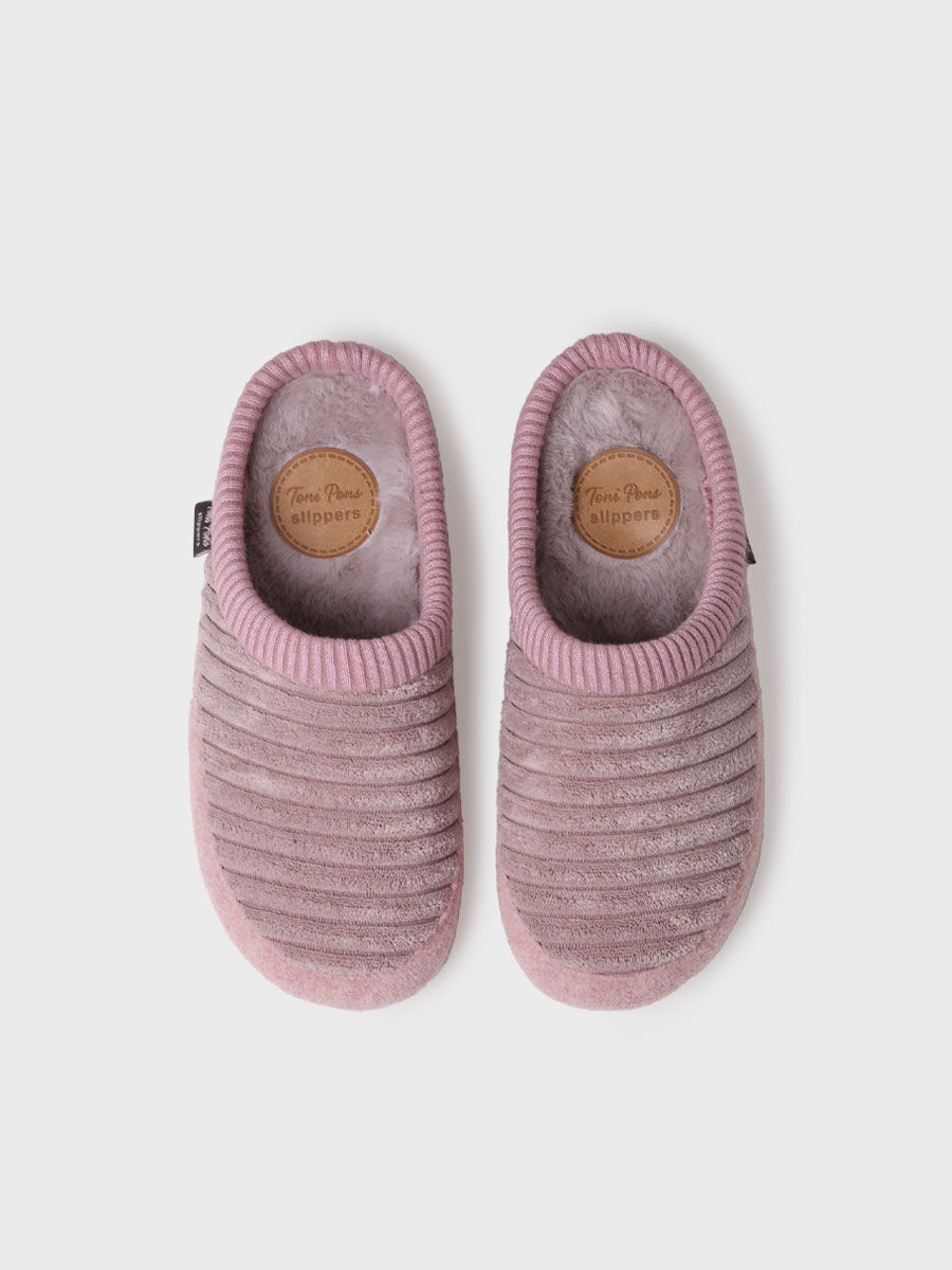 Zapatilla tipo zueco para mujer en fieltro y pelo sintético en Nude | MALU-OD