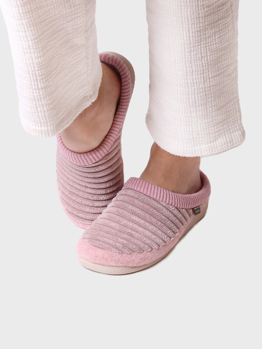 Zapatilla tipo zueco para mujer en fieltro y pelo sintético en Nude | MALU-OD